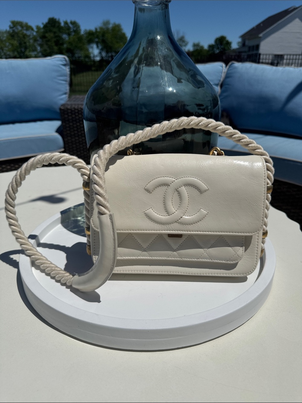 CHANEL Cream Leather Rope-Detail Shoulder Bag